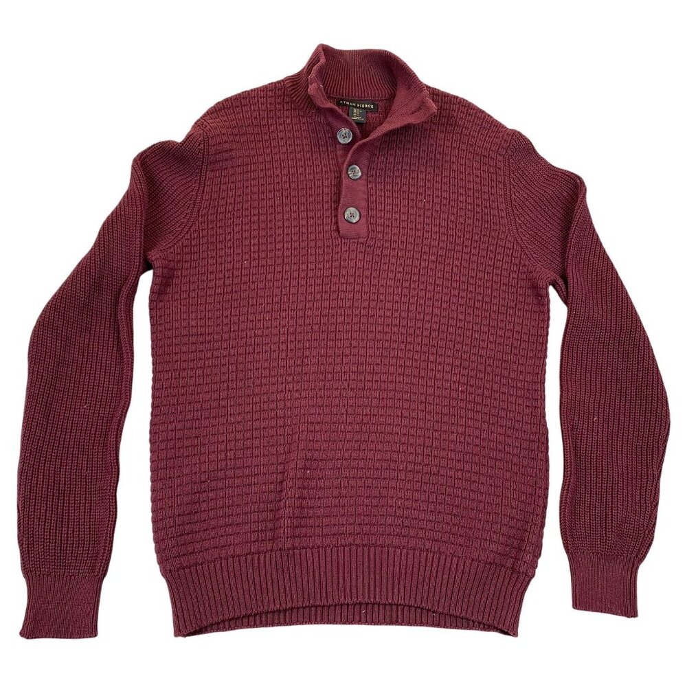 Ethan Pierce Mens Sweater Large  Burgundy Waffle Knit Pullover Button Collar